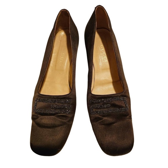 Gucci Vintage Heels brown Satin w Beads accents 8.5B. Made in Italy. - Picture 1 of 14